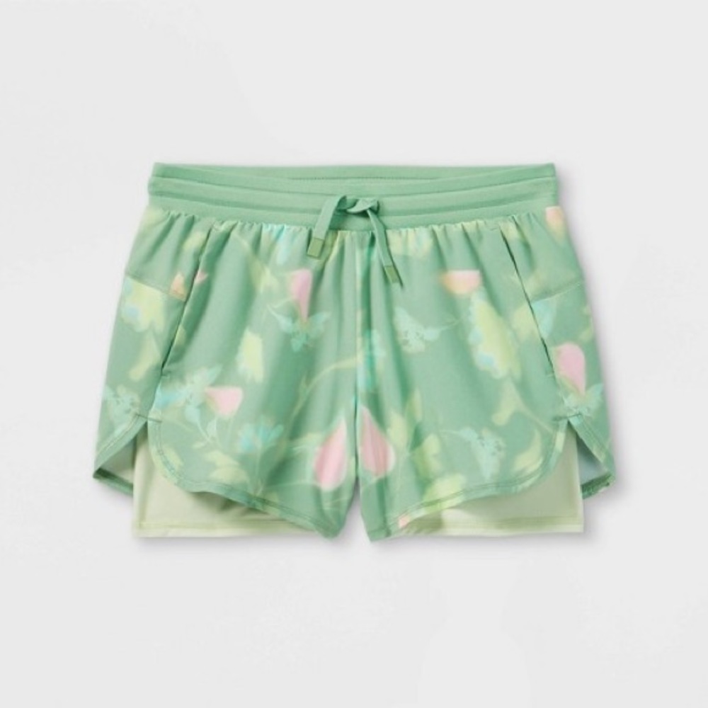 Girls Double Layered Run Shorts All in Motion Green  XXL-18  Floral Elastic Wais